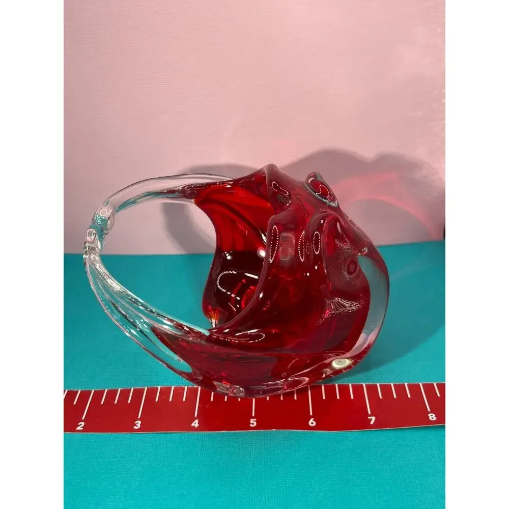 Murano Hand Blown Art Glass Sommerso Basket Ruby Red & Clear Handle
